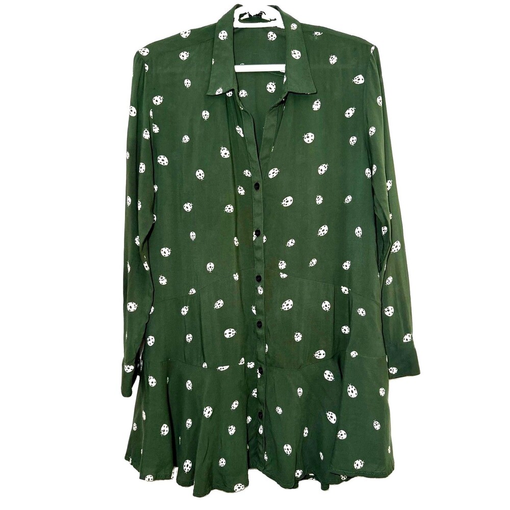 Anthropologie 11.1 TYLHO Lakin Tunic Blouse S Green Ladybug Peplum Rayon